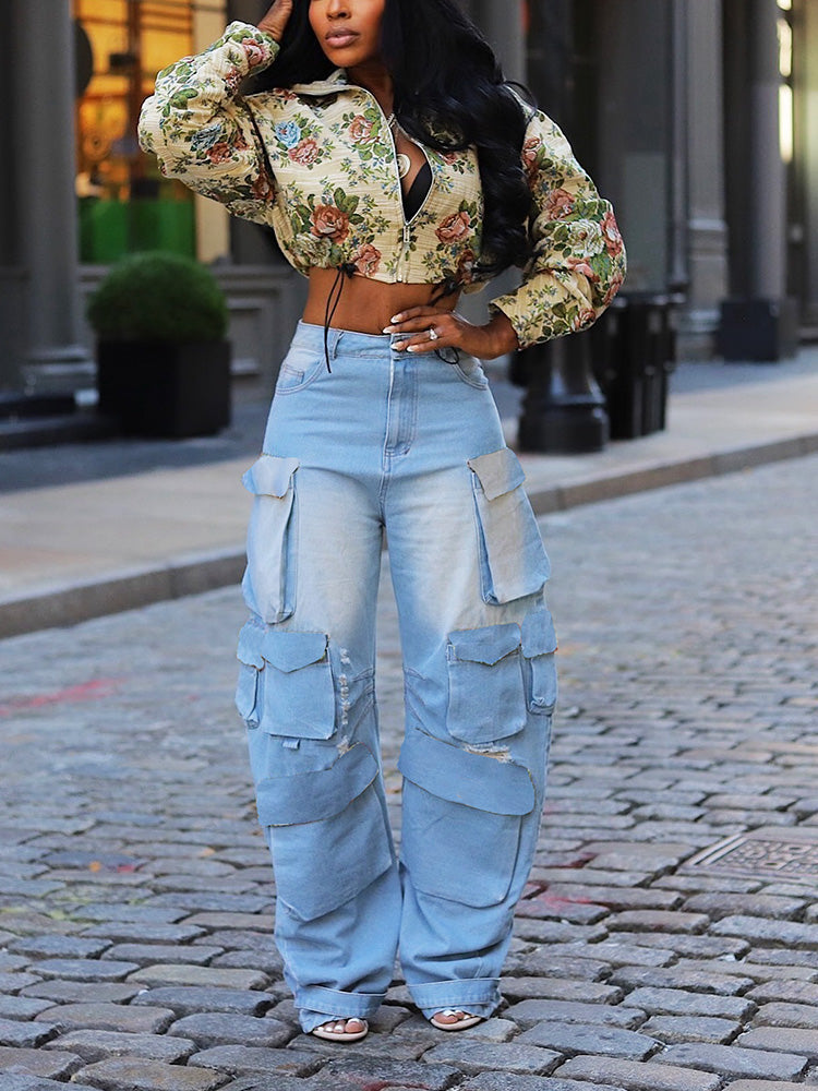 Vintage Floral Zip-Up Crop Jackets