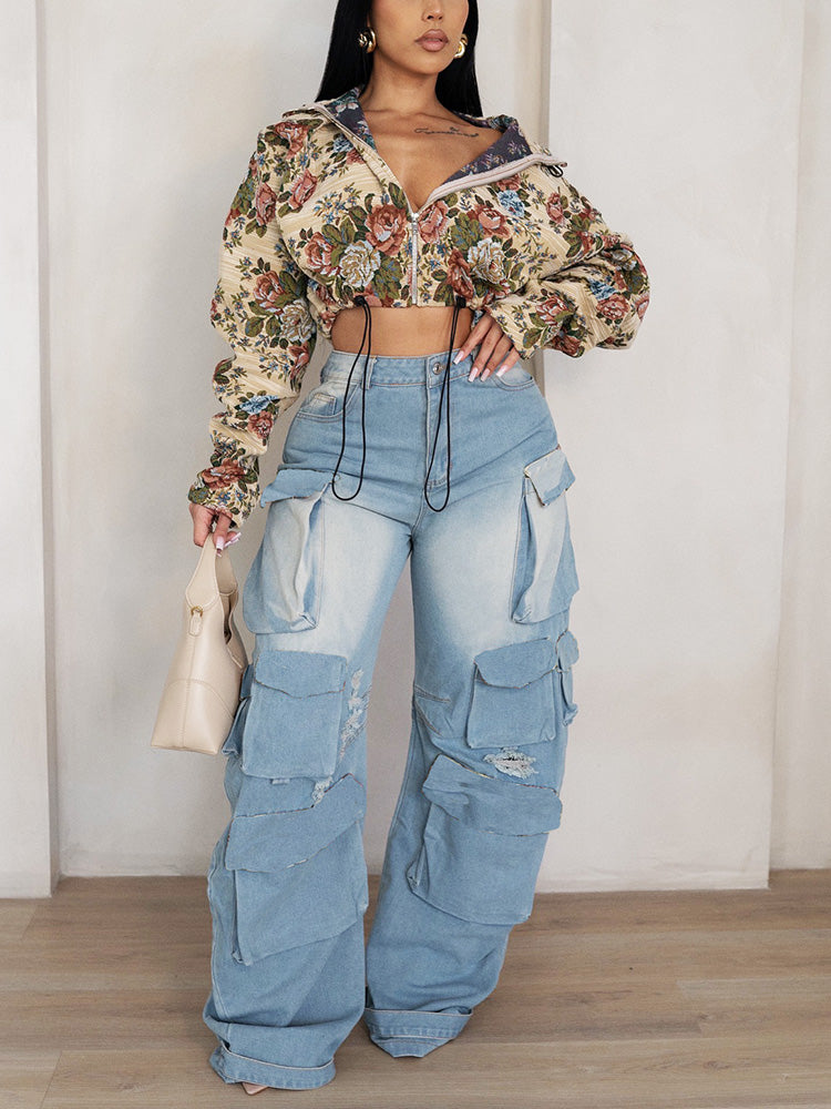 Vintage Floral Zip-Up Crop Jackets