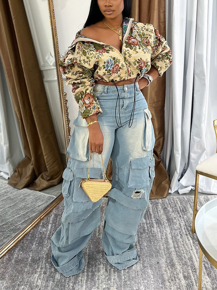Vintage Floral Zip-Up Crop Jackets
