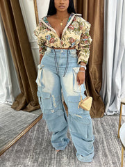 Vintage Floral Zip-Up Crop Jackets
