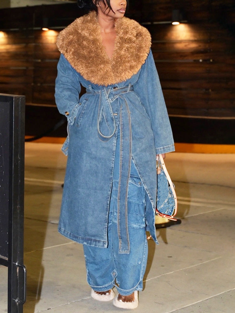 Fur Collar Denim Trench Coats