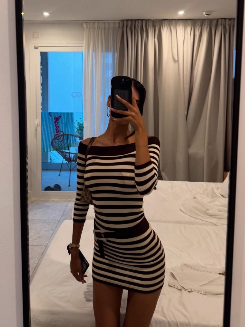 Time Striped Off-Shoulder Long Sleeve Dress