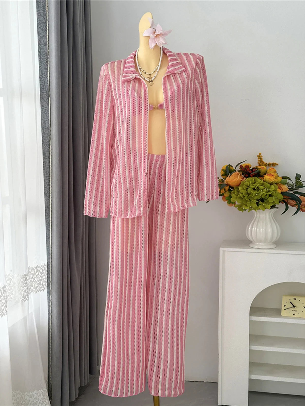 4PCS Striped With Long Sleeve Pants Bikini Four-pieces Bikini Set