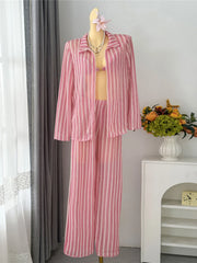 4PCS Striped With Long Sleeve Pants Bikini Four-pieces Bikini Set