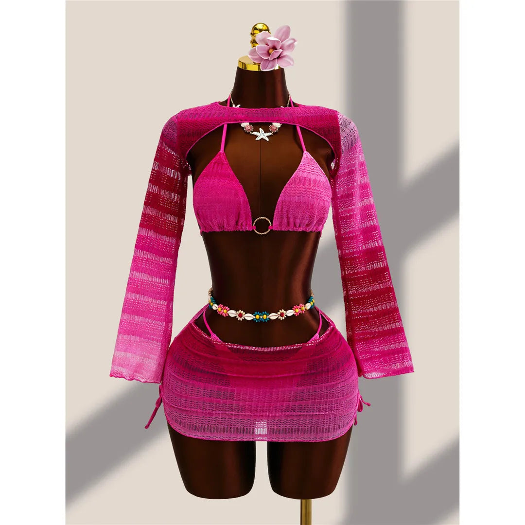 4PCS With Cover Up Gradient Bikini Four-pieces Bikini Set