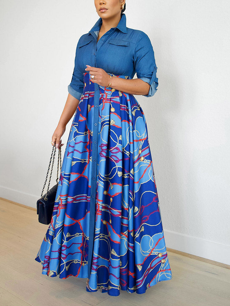 Denim Contrast Print Dresses