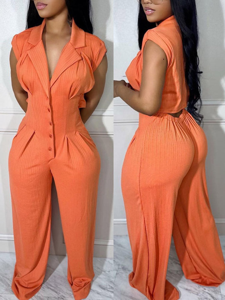 Cut Out Back Button Down Jumpsuits