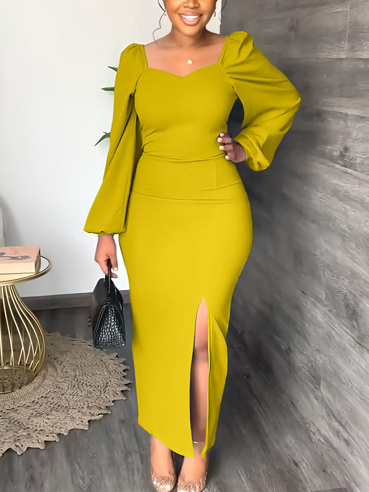 Lantern Sleeve Slit Dresses