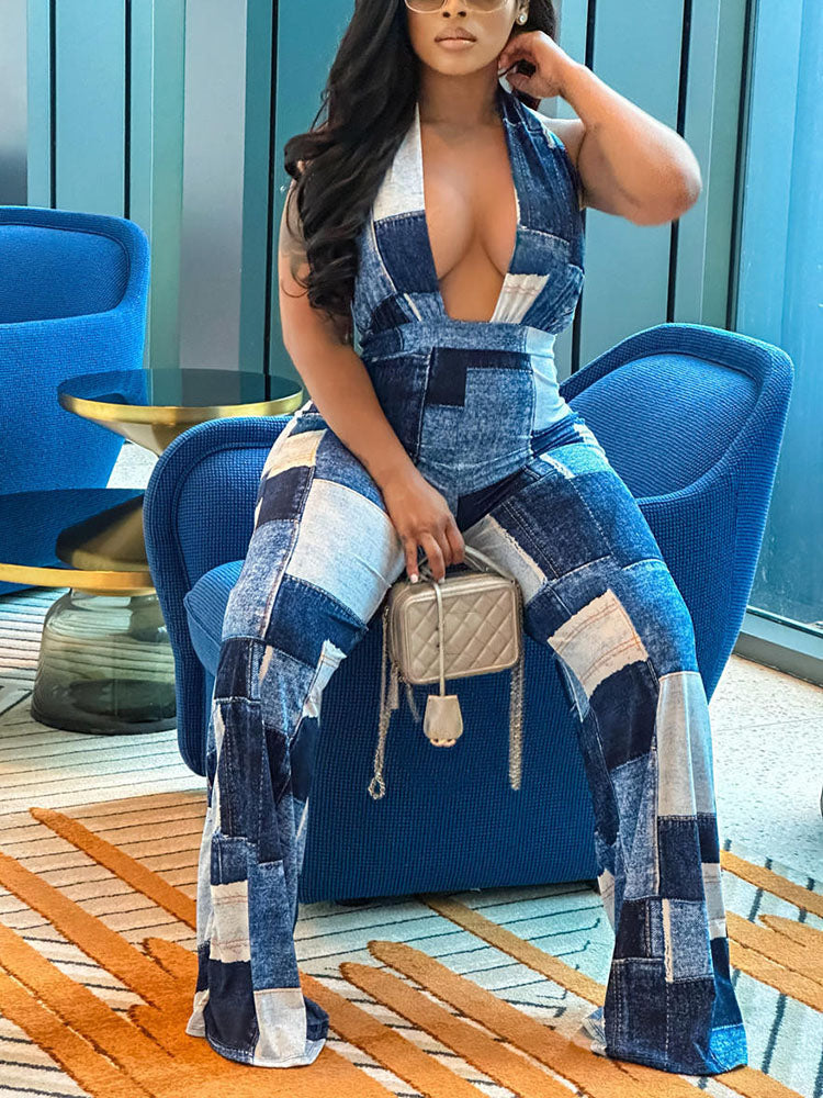 Halter Color Block Jumpsuits