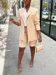 Casual Solid Lapel Collar Blazer Shorts Set