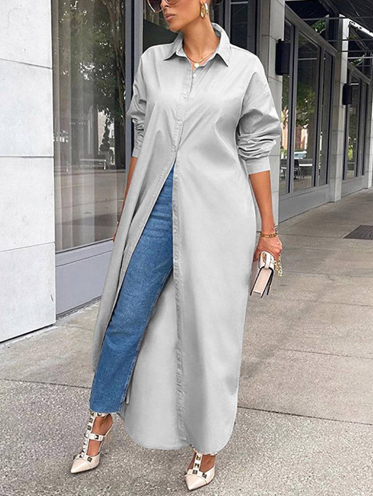 Solid Button Split Shirt Dresses