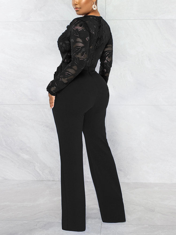 Lace V Neck With Belt Jumpsuits