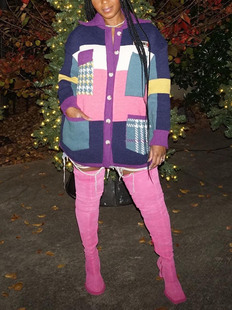Retro Color Block Sweater Cardigans