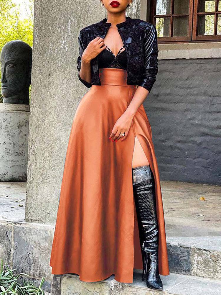 High Waist Side Slit PU Skirts