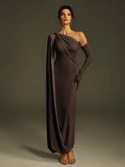 Robe longue asymétrique drapée marron 