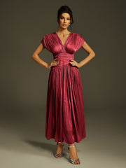 Robe longue froncée à col V couleur vin 
