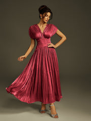 Robe longue froncée à col V couleur vin 