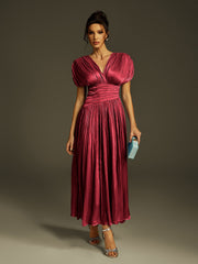 Robe longue froncée à col V couleur vin 