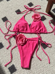 9 Colors 3D Flowers Halter Strappy Bikini Two-pieces Bikini Set