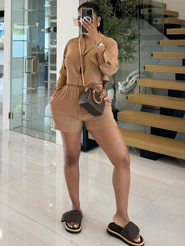 Button Crop Top  Shorts Set