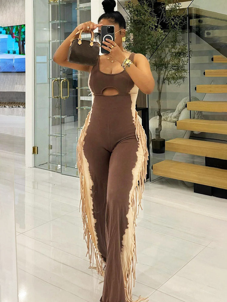 Cutout Side Fringed Jumpsuits