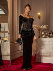 Off Shoulder Rhinestone Velvet Maxi Dress