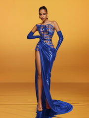 Strapless Metallic Flower Maxi Dress In Blue