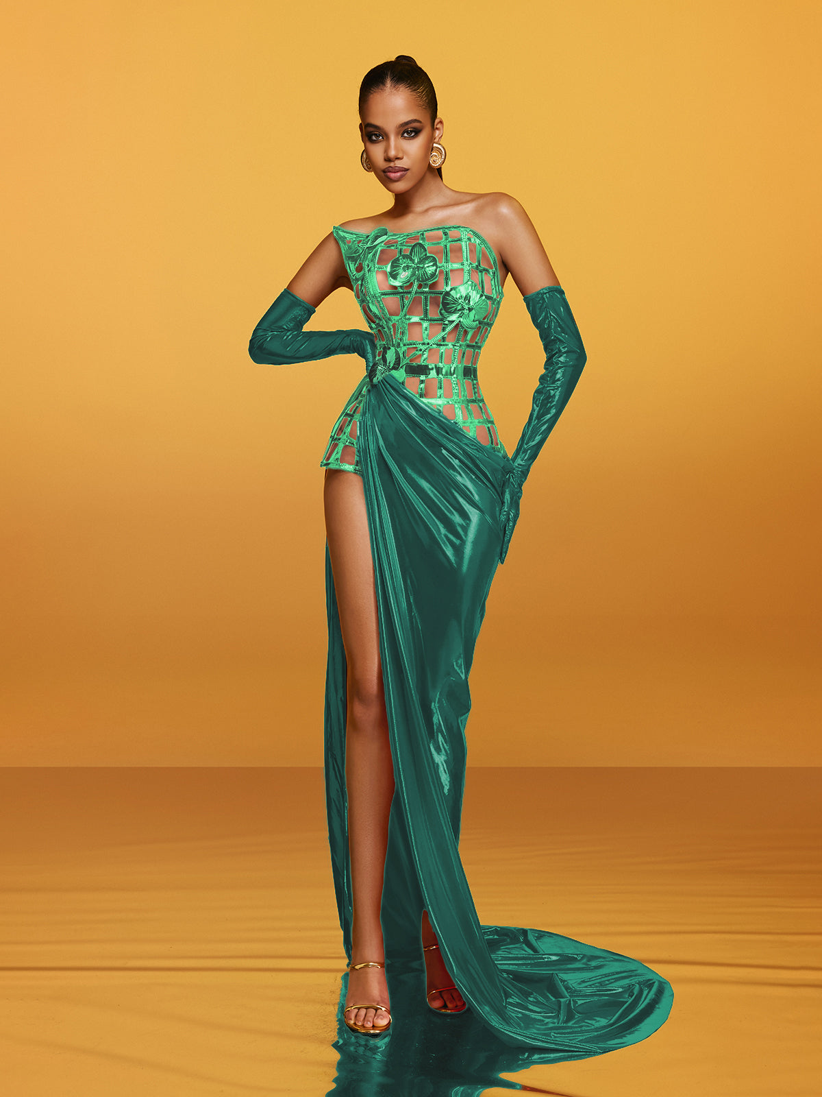 Strapless Metallic Flower Maxi Dress In Green