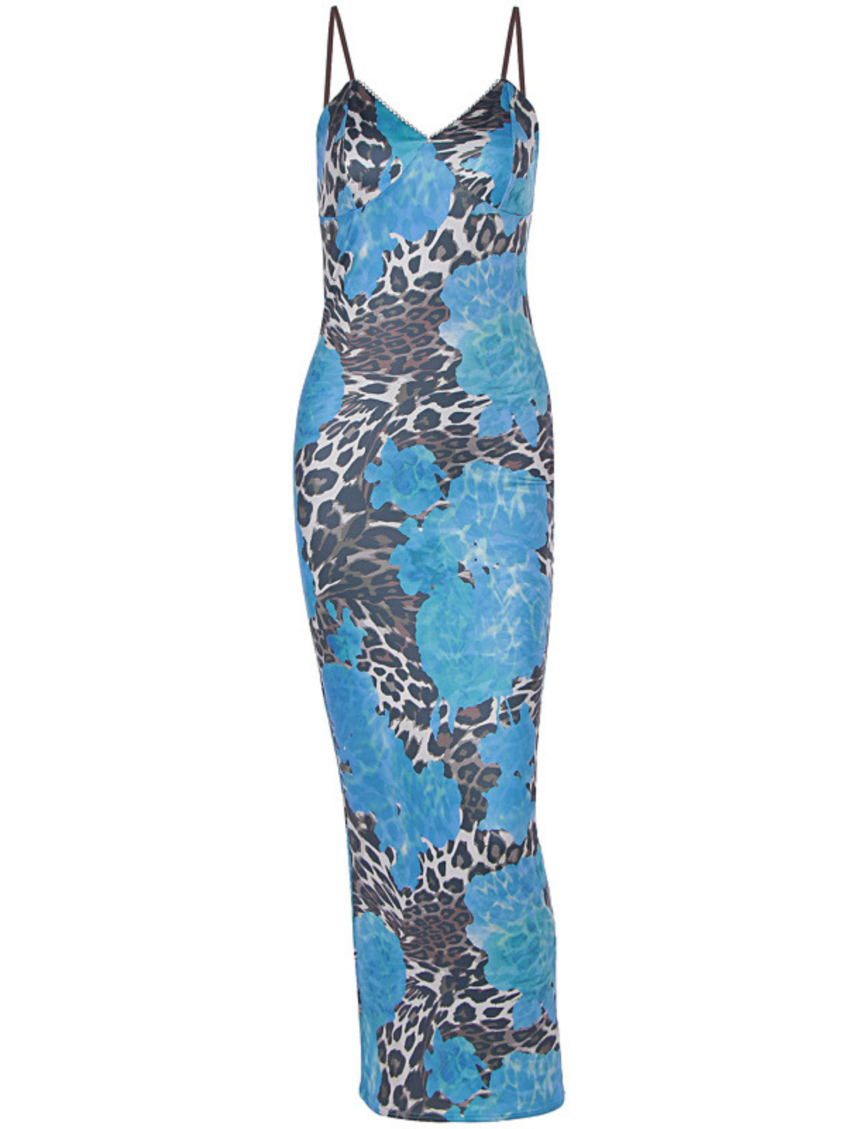 Robe midi bleu à bretelles fines et imprimé léopard 