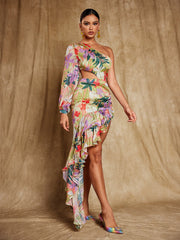 Robe maxi fleurie asymétrique multicolore 