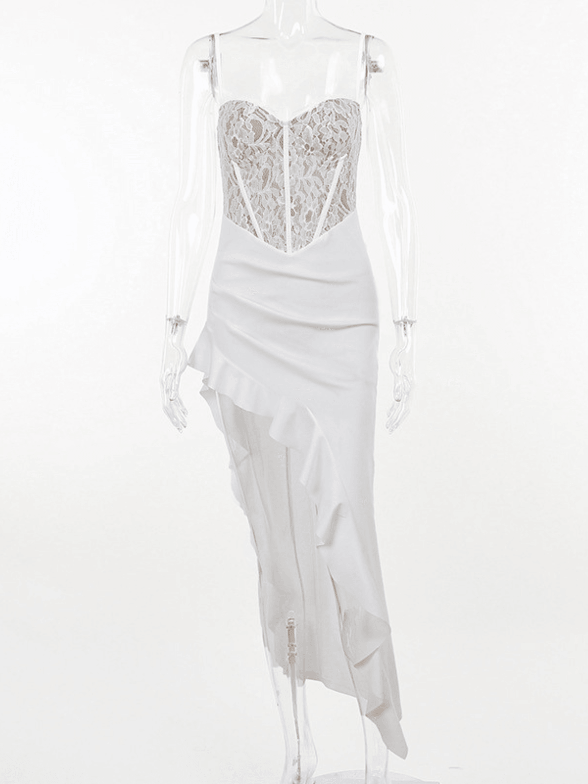 Robe midi asymétrique à volants en dentelle 