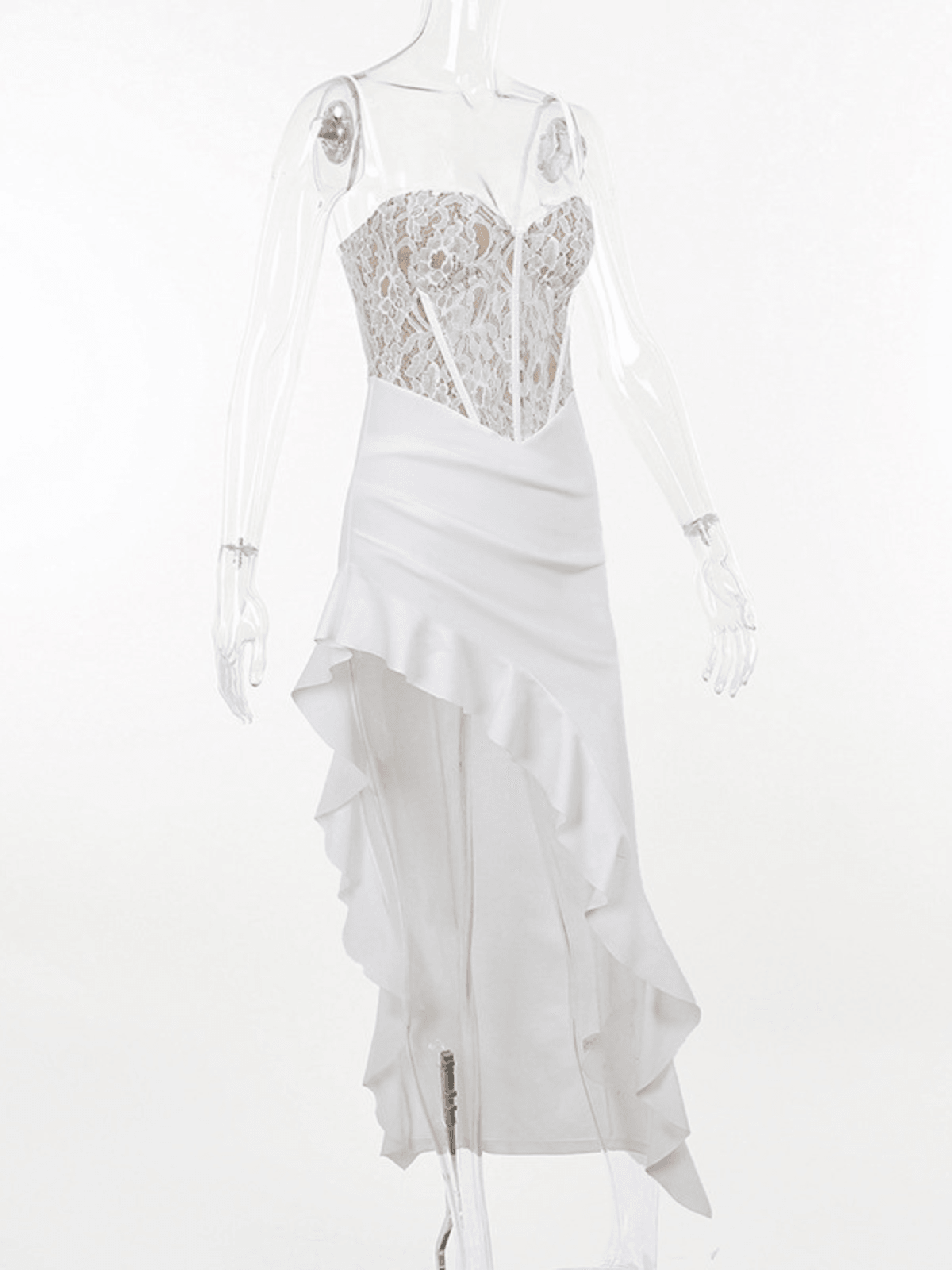 Robe midi asymétrique à volants en dentelle 