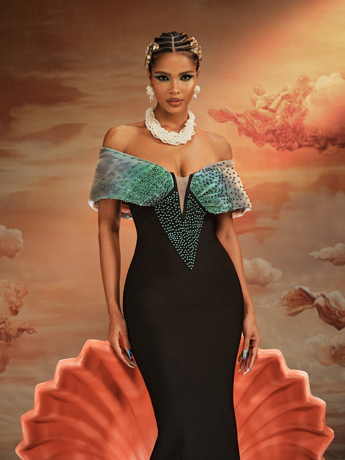 Robe maxi à épaules dénudées et bandage perlé 