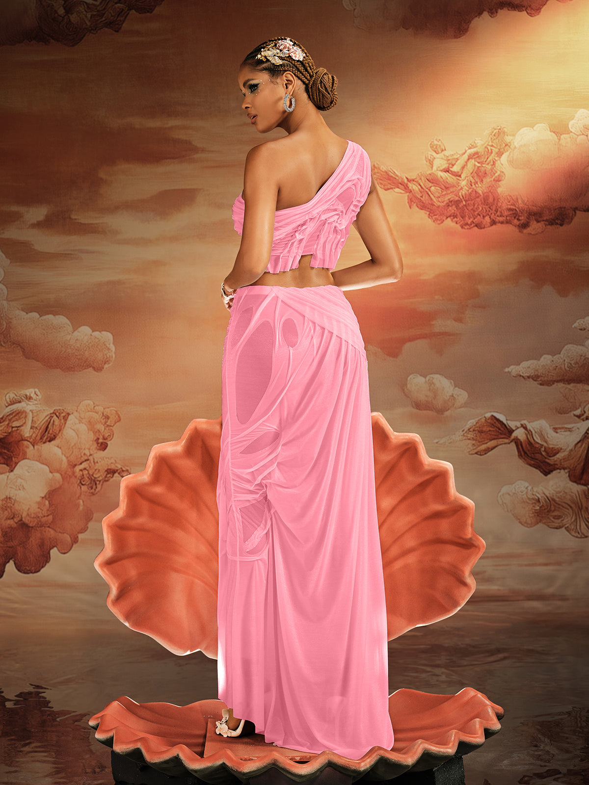Ensemble jupe asymétrique froncée rose 