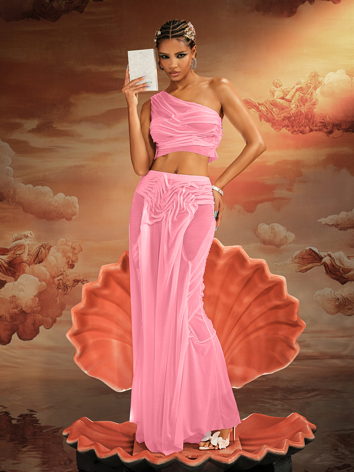 Ensemble jupe asymétrique froncée rose 