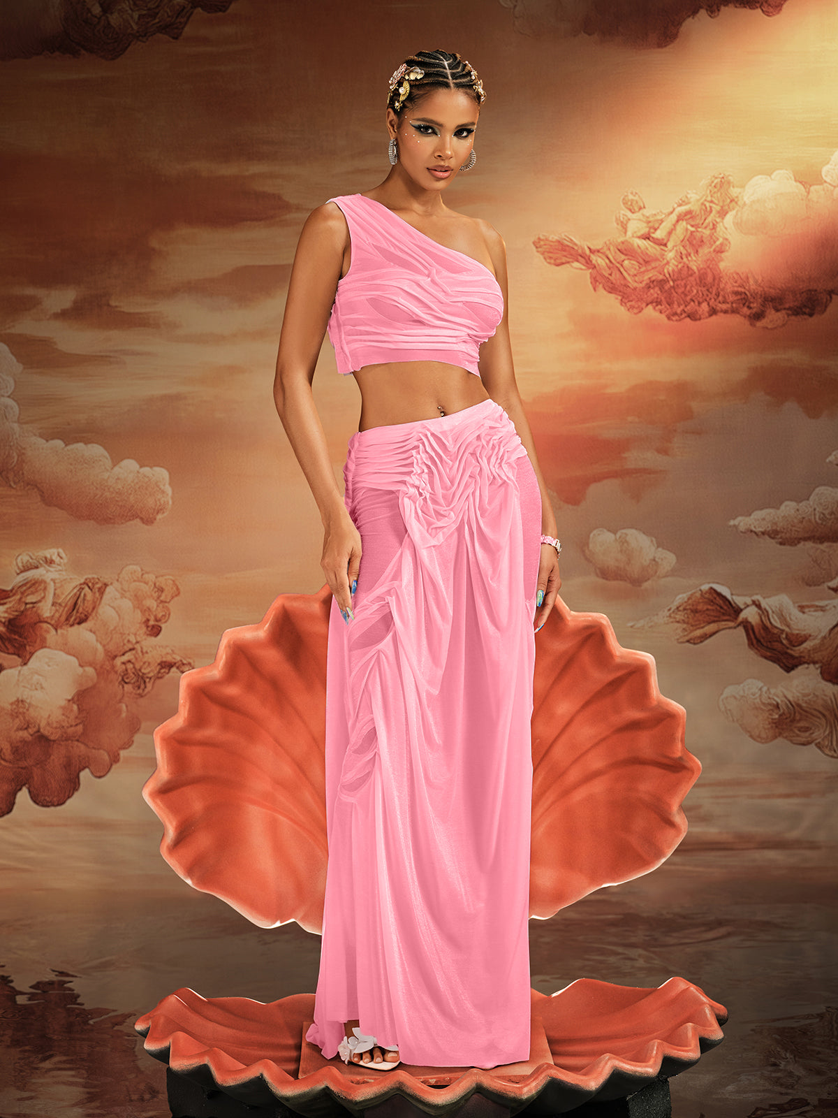 Ensemble jupe asymétrique froncée rose 