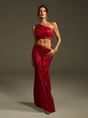 One Shoulder Ruched Skirt Set In Wine