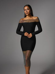 Robe midi bandage à épaules dénudées en cristal 