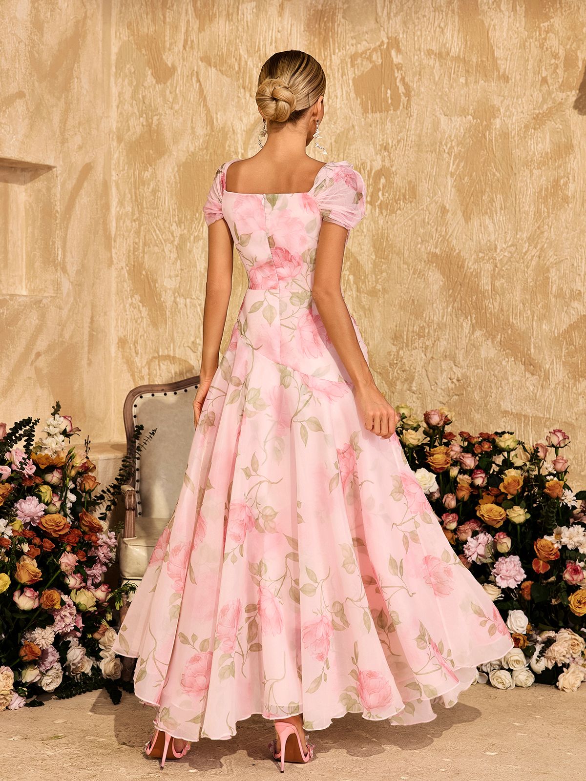 Flower Printed Mesh Maxi Dress