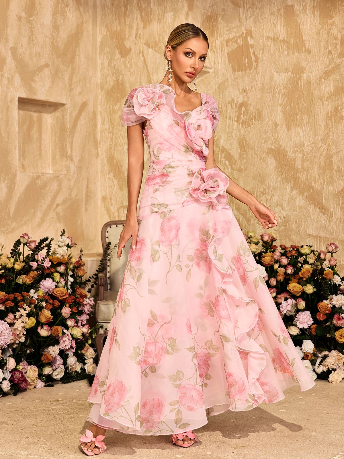 Flower Printed Mesh Maxi Dress