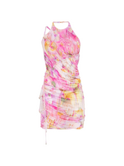 Robe mini imprimée à col licou et fronces 