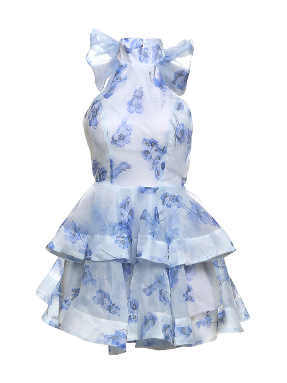 Robe mini dos nu à imprimé floral et nœud bleu 
