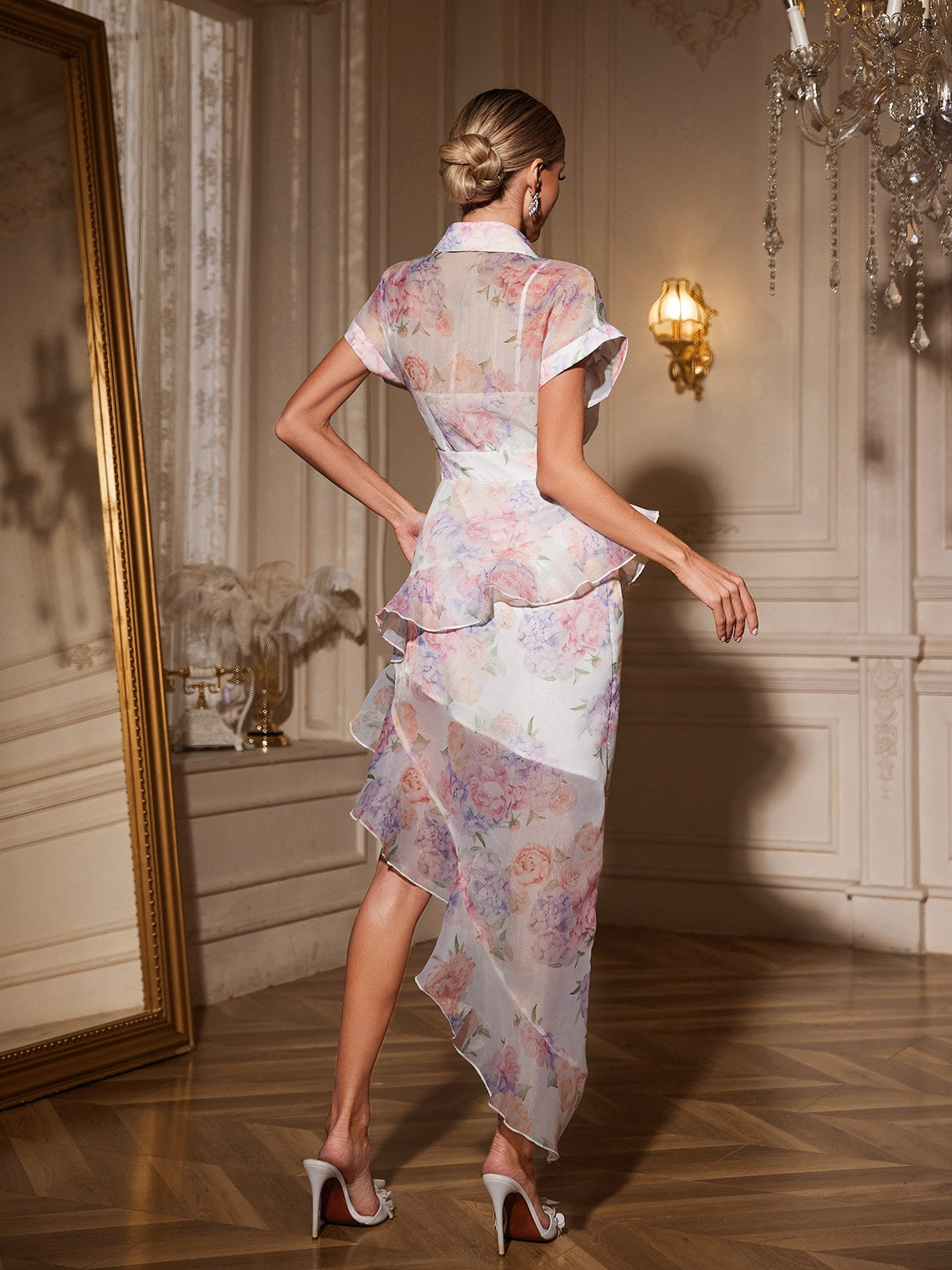 Short Sleeve Floral Ruffle Dress