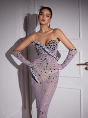 Robe longue à strass et imprimé serpent, avec gants 
