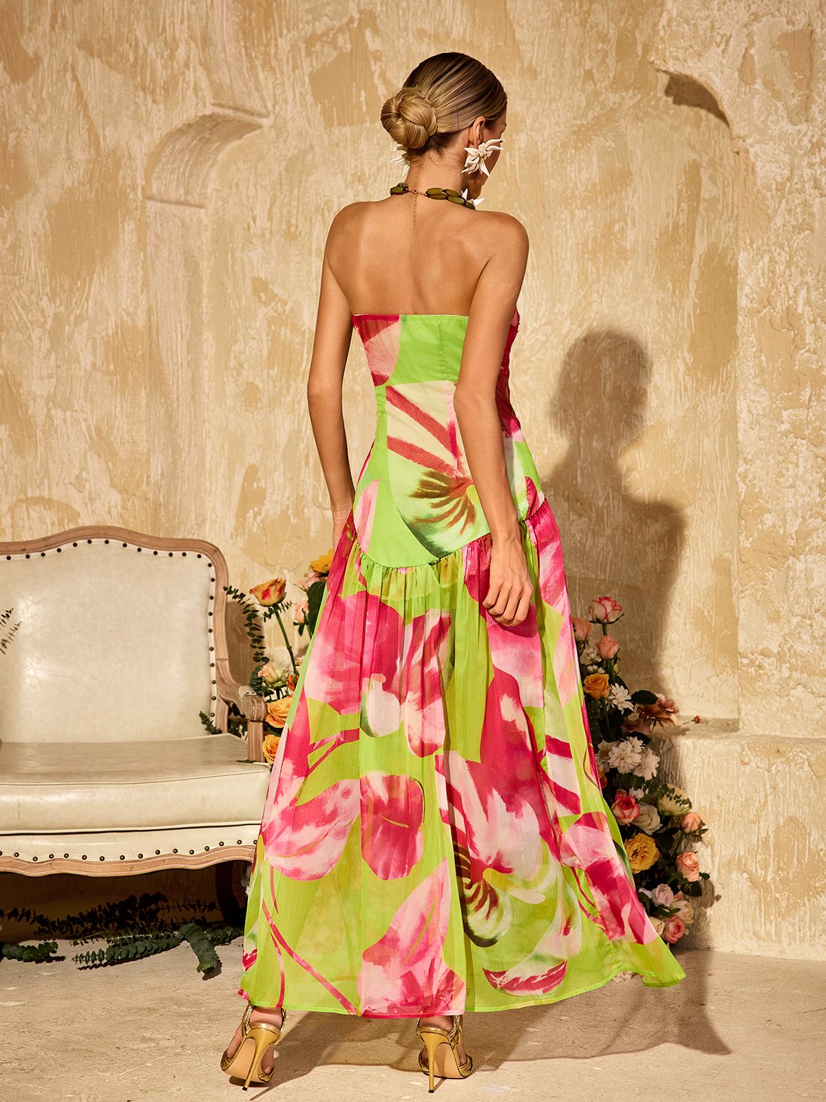 Robe longue fendue imprimée sans bretelles verte 