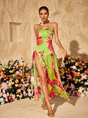 Robe longue fendue imprimée sans bretelles verte 
