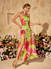 Robe longue fendue imprimée sans bretelles verte 