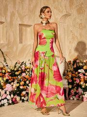Robe longue fendue imprimée sans bretelles verte 