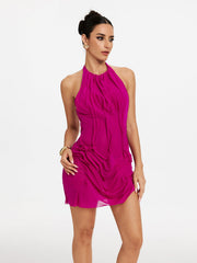 Robe mini froncée à col halter rose fuchsia