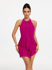 Robe mini froncée à col halter rose fuchsia